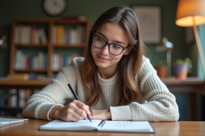 Jeune femme résolvant une règle de trois dans un cadre cosy
