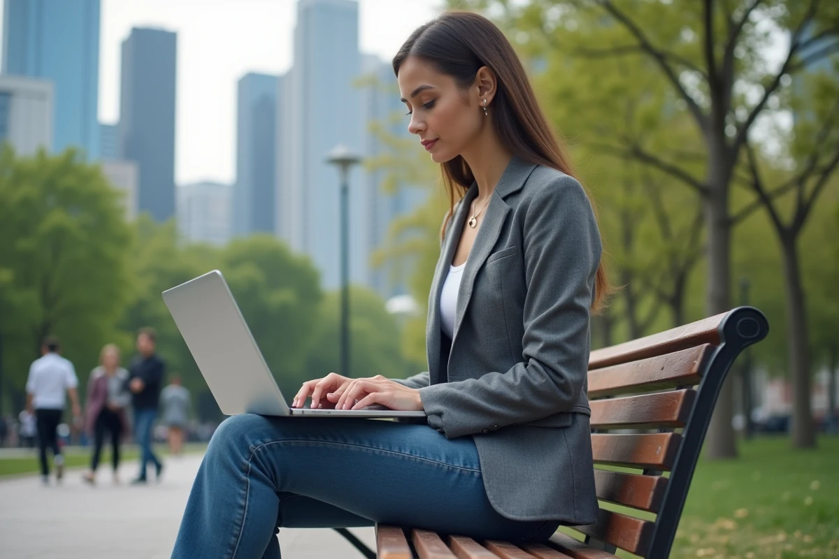 Jeune femme entrepreneure travaillant sur son ordinateur dans un parc urbain