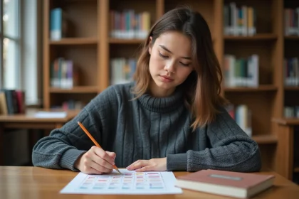 Jeune femme concentr&eacute;e sur une table en biblioth&egrave;que pour &eacute;tudier l'allemand