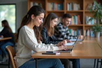 Jeune femme en étude dans un lounge universitaire avec ordinateur et livres