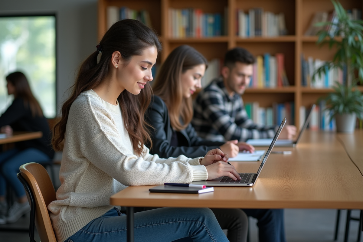 Jeune femme en étude dans un lounge universitaire avec ordinateur et livres