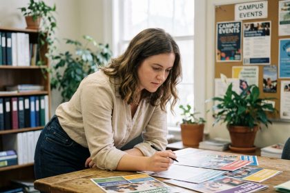 Jeune femme réfléchie étudiant des brochures de formation