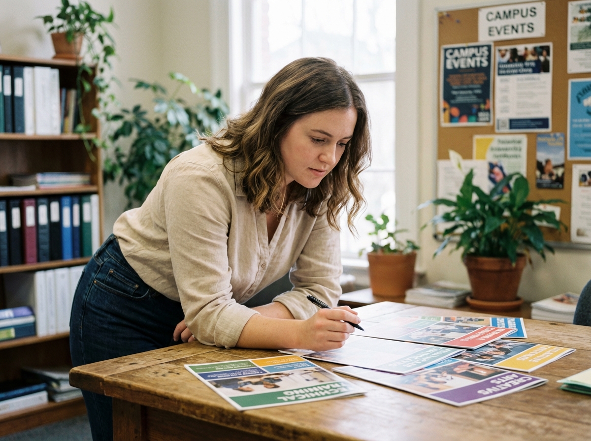 Jeune femme réfléchie étudiant des brochures de formation