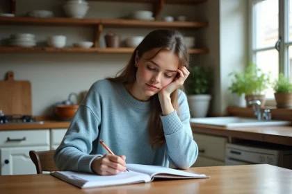 Jeune femme concentr&eacute;e &agrave; &eacute;tudier la grammaire fran&ccedil;aise &agrave; la maison