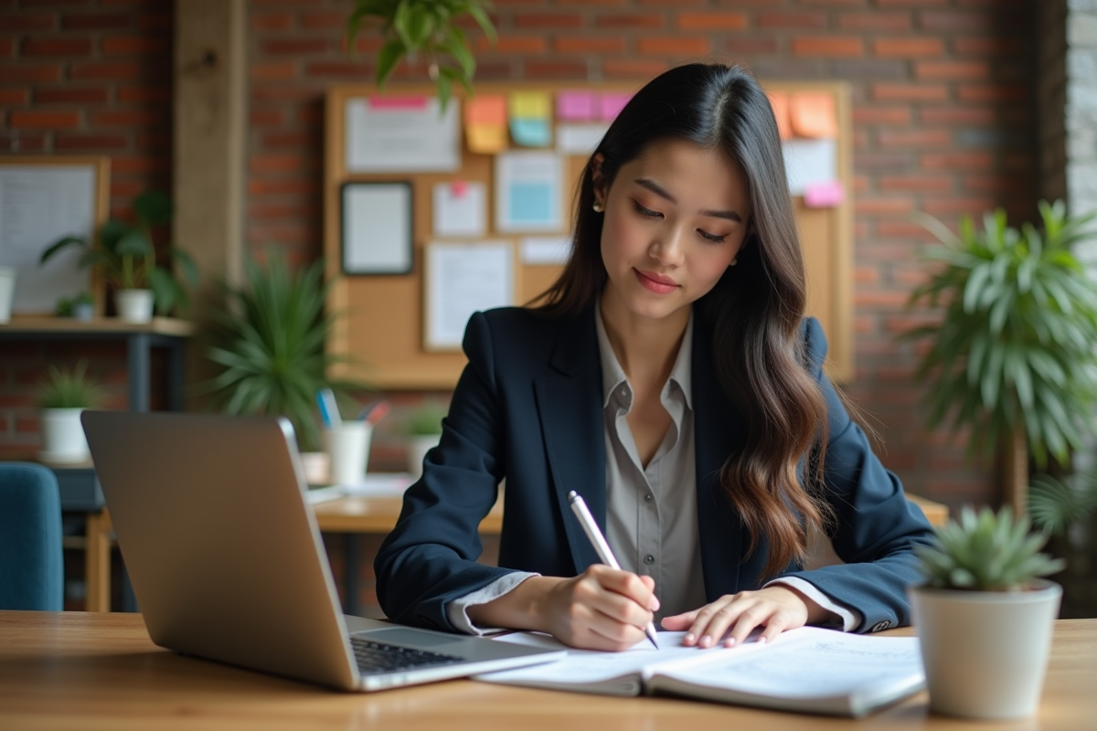 Femme concentrée écrivant un plan de communication au bureau