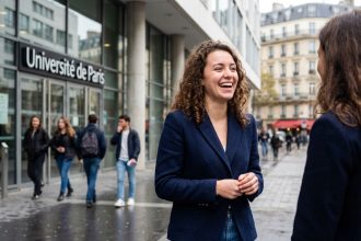 Jeune femme souriante devant une universite parisienne