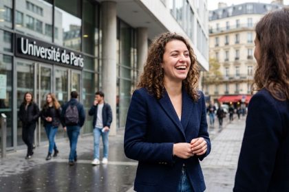 Jeune femme souriante devant une universite parisienne