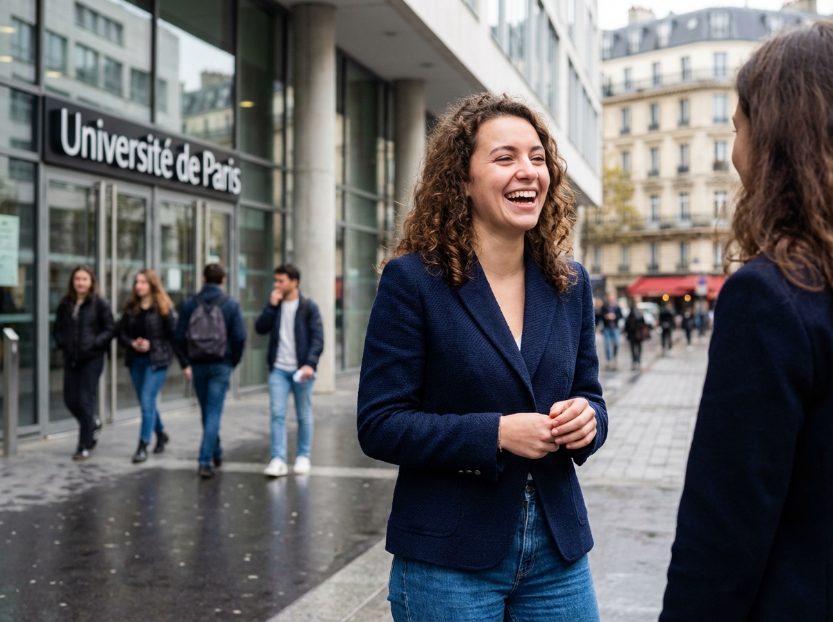 Jeune femme souriante devant une universite parisienne