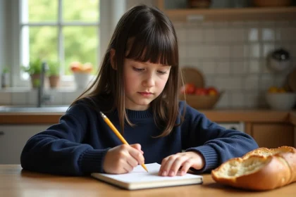 Jeune fille fran&ccedil;aise de 10 ans mangeant une baguette au fromage