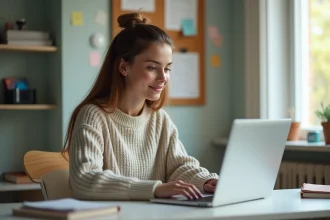 Jeune femme étudiante travaillant sur son ordinateur dans une chambre universitaire