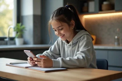 Jeune fille souriante utilisant une application de conduite &agrave; la maison