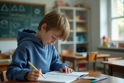 Jeune gar&ccedil;on en sweat bleu dessinant un sch&eacute;ma dans un classeur
