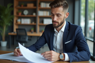 Jeune homme d'affaires en costume navy dans un bureau moderne
