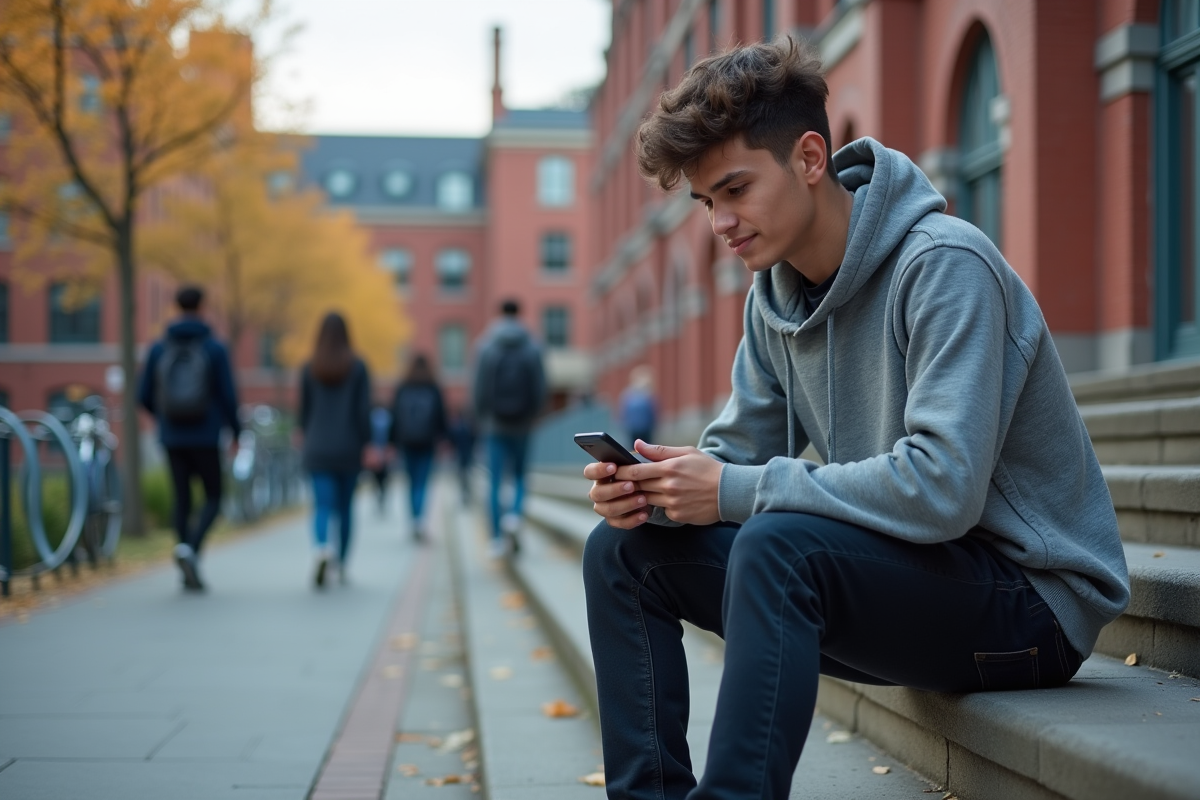 Jeune homme utilisant une application éducative sur son téléphone dehors