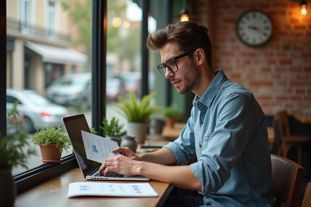 Jeune homme au café travaillant sur son ordinateur portable