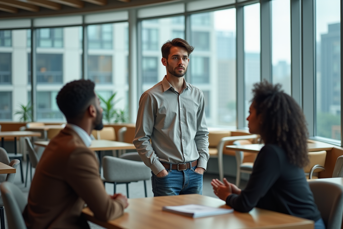 Jeune homme discutant avec collègues dans lounge