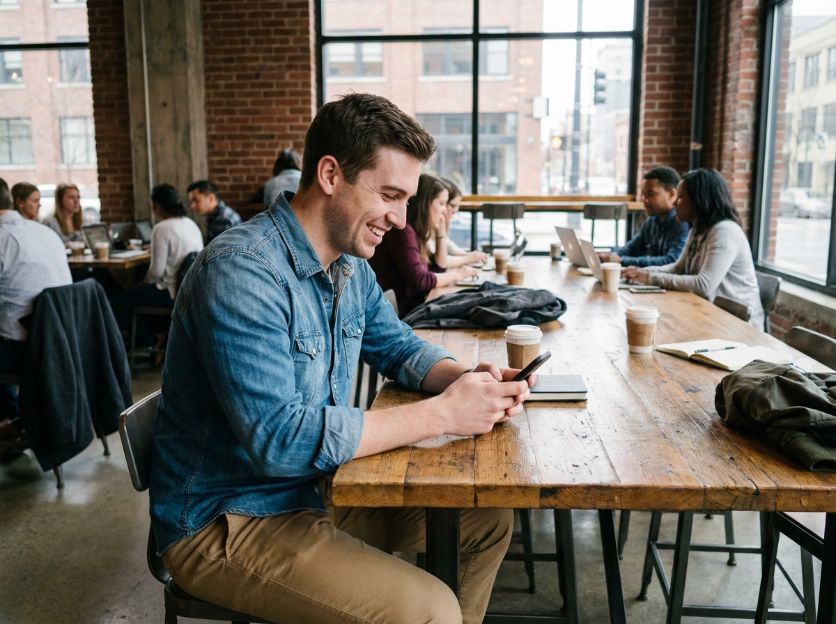 Jeune homme détendu travaillant dans un café coworking urbain
