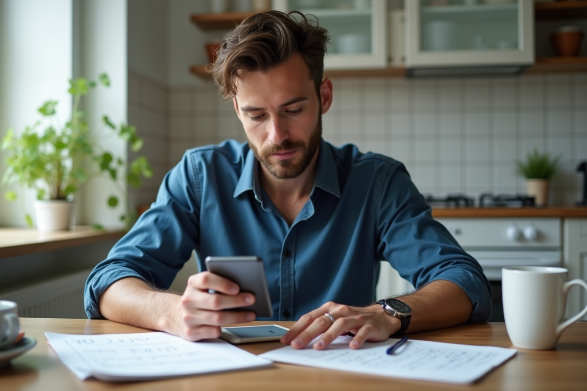 Jeune homme pensif avec smartphone dans la cuisine