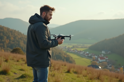 Jeune homme français pilotant un drone dans un paysage rural