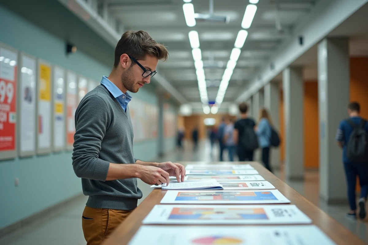 Jeune homme examinant des portfolios de design dans un couloir