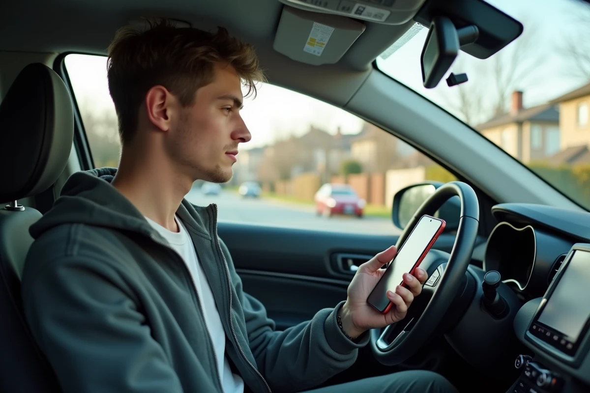 Jeune homme en voiture pratiquant la conduite avec smartphone