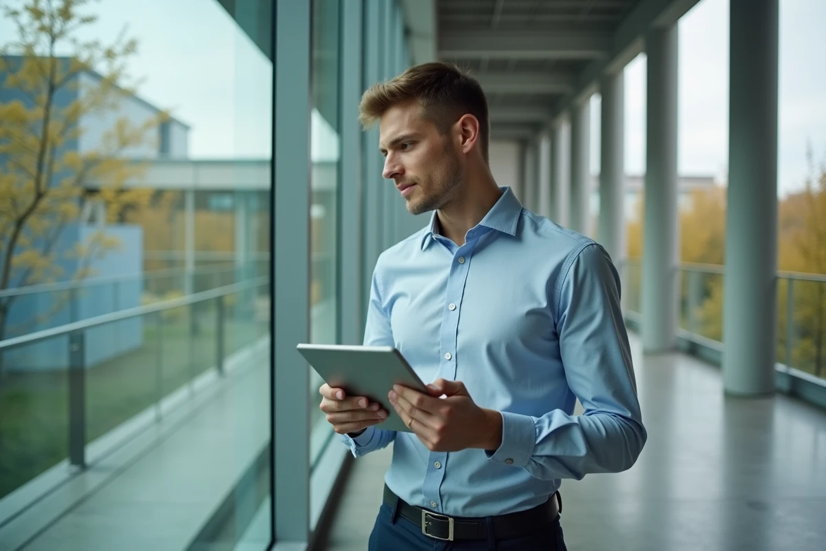 Jeune homme regardant par la fenêtre avec tablette