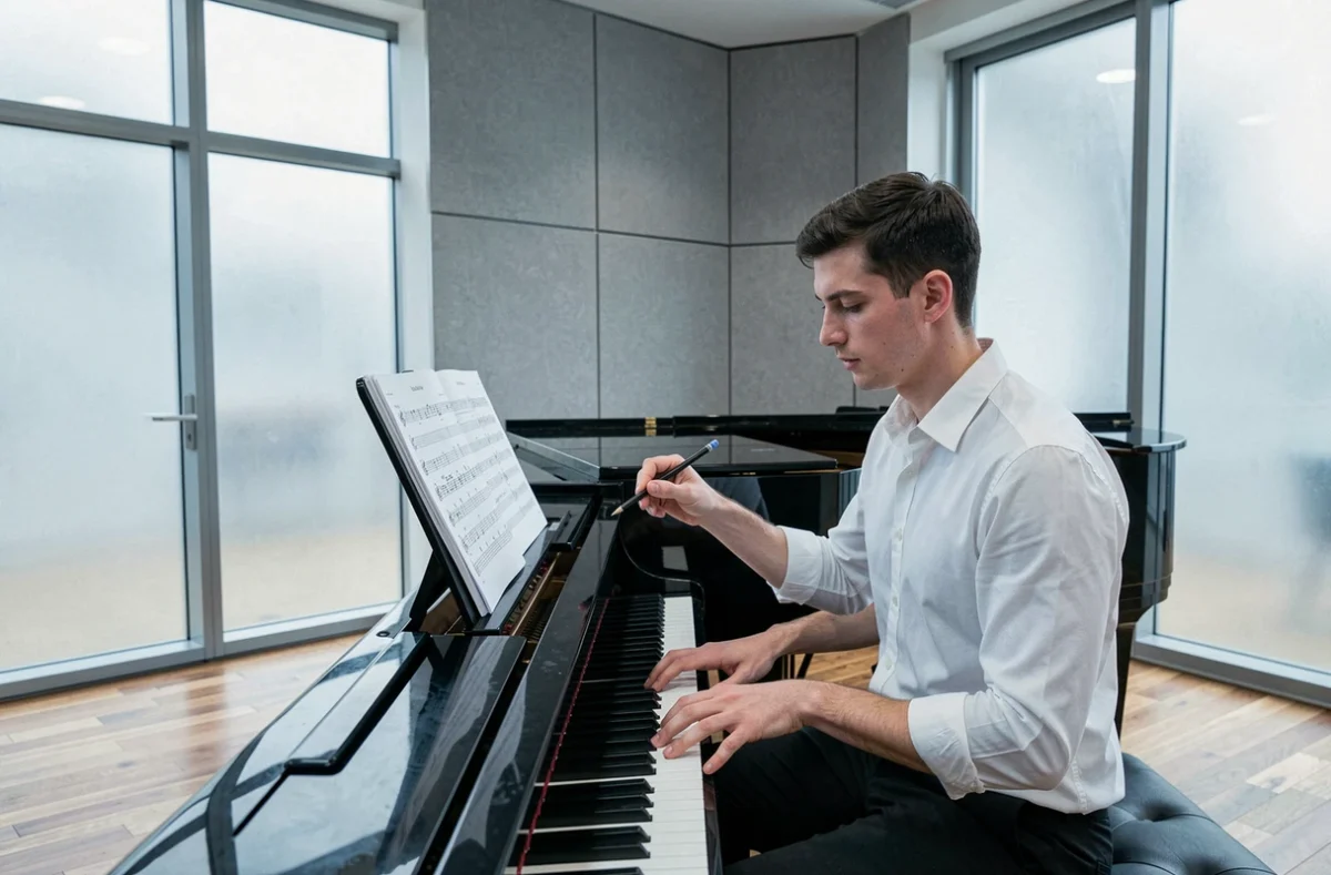 Jeune pianiste masculin composant une mélodie au piano à queue dans une salle de répétition de conservatoire