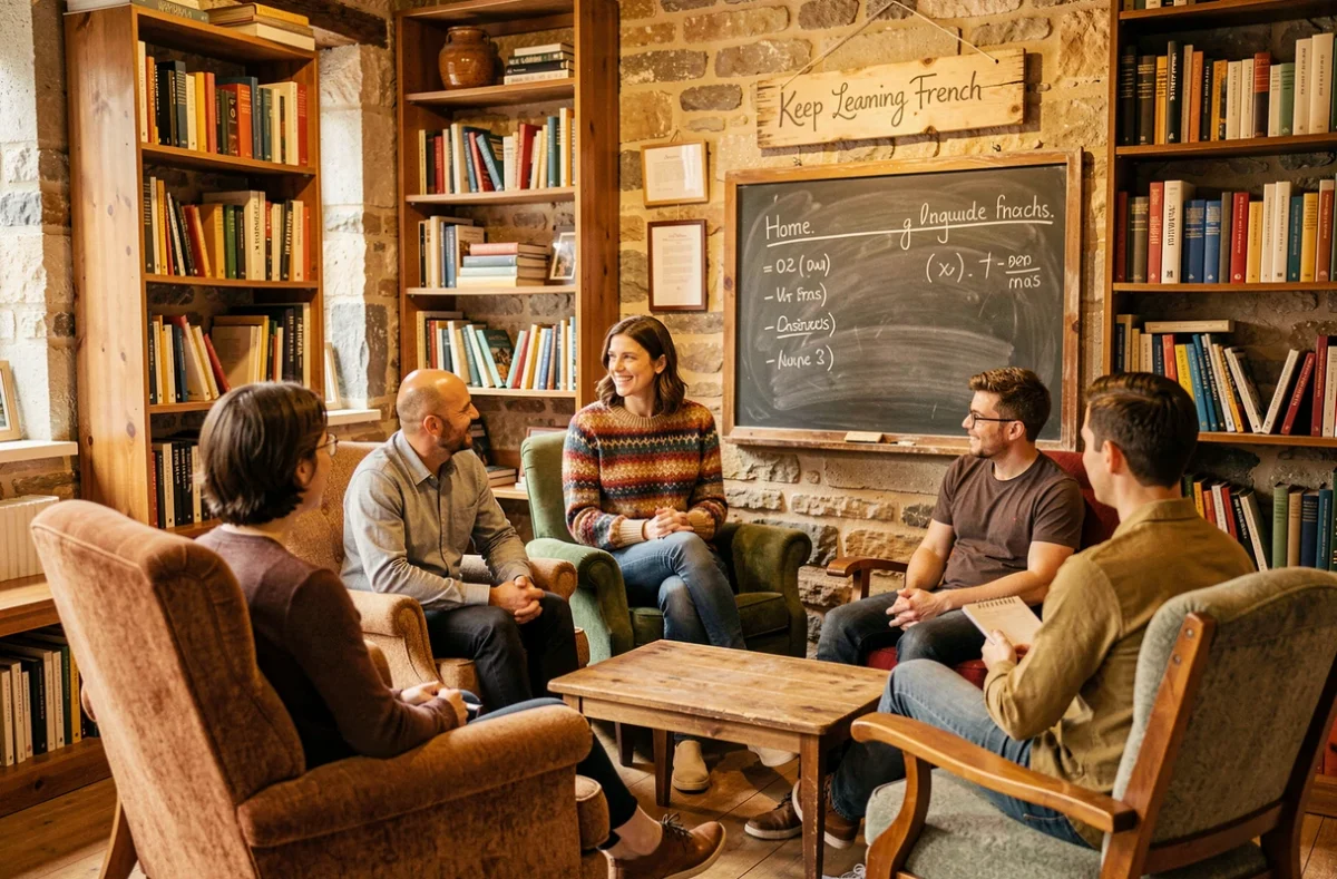 Tutrice de français enthousiaste animant une session de conversation décontractée avec des apprenants adultes dans un cadre cosy avec murs en pierre et bibliothèque vintage