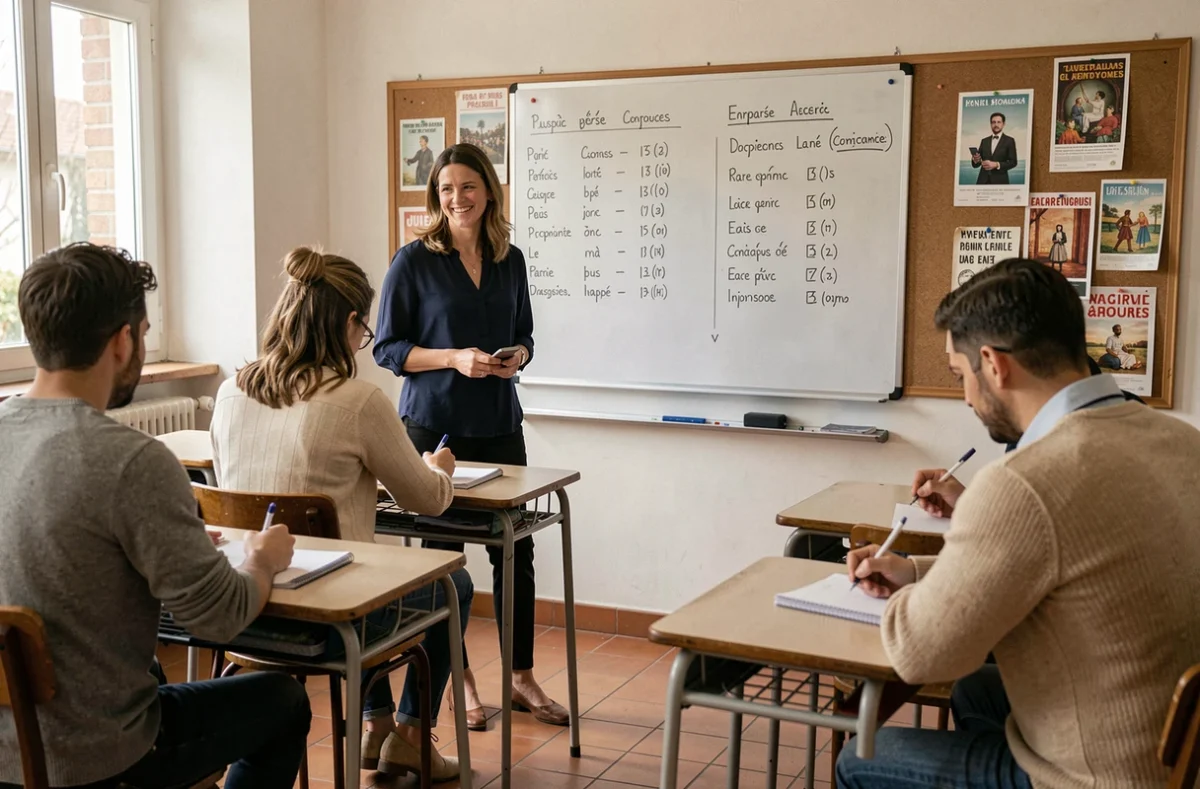 Professeure de français souriant devant un tableau blanc avec des notes de grammaire, face à des étudiants étrangers adultes dans une salle de cours à Toulouse