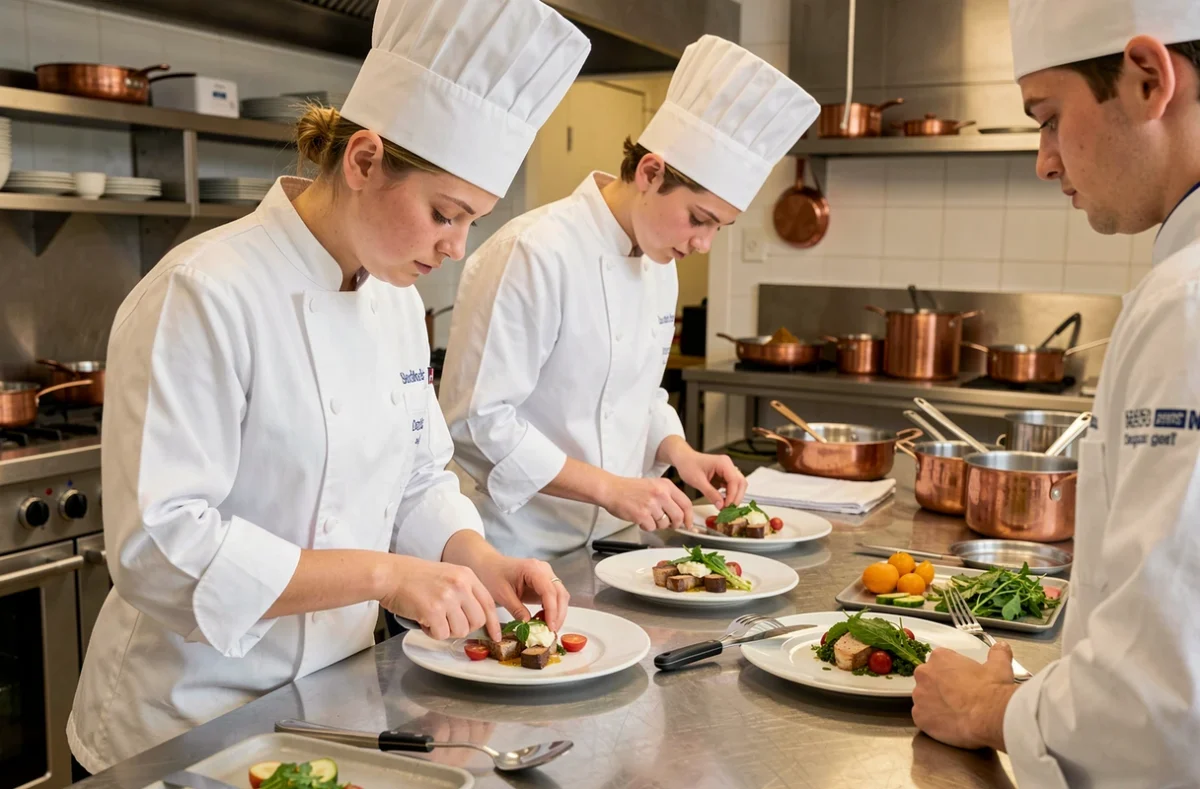 Apprentis cuisiniers en cours pratique au Lycée Hôtelier de l'Hermitage à Tain-l'Hermitage