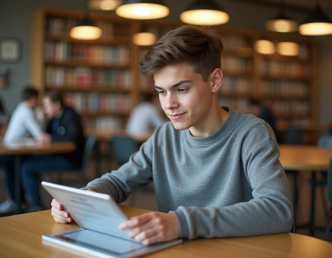 Lycéen consultant son agenda scolaire numérique sur une tablette dans une bibliothèque de lycée