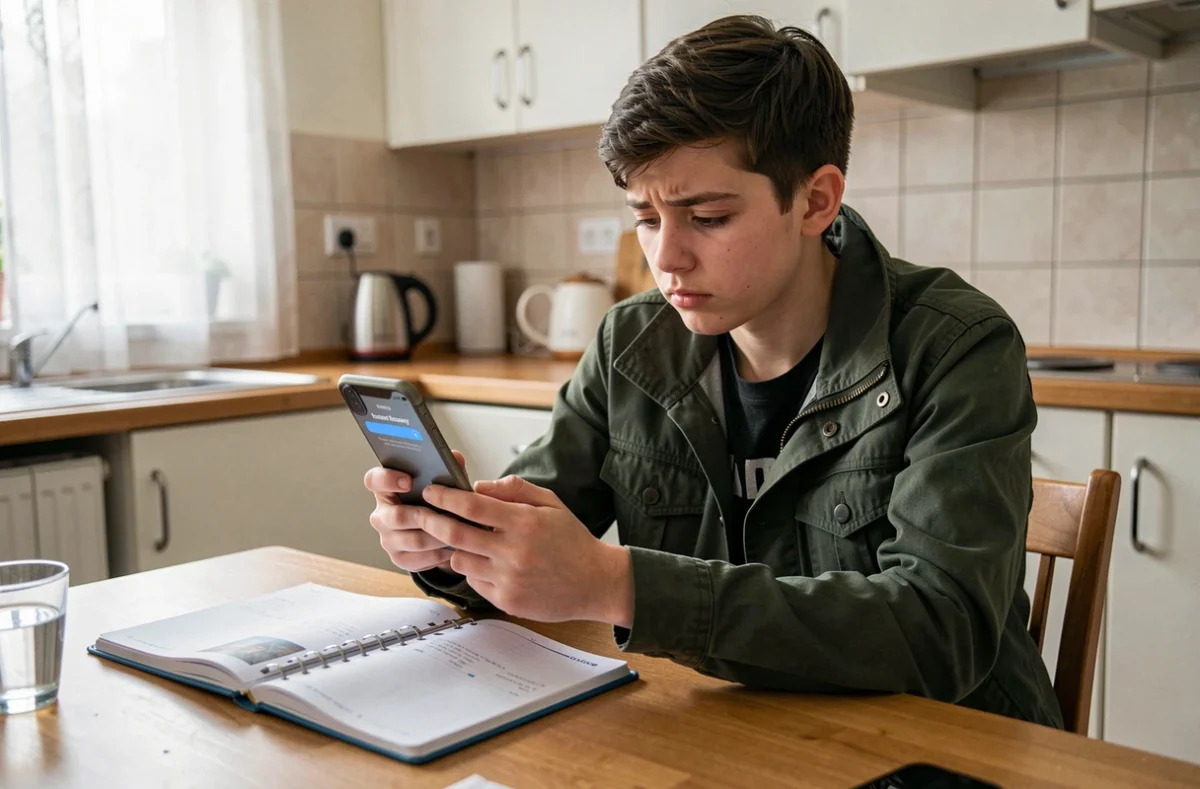 Lycéen consultant la procédure de récupération de mot de passe Toutatice sur son téléphone à la maison