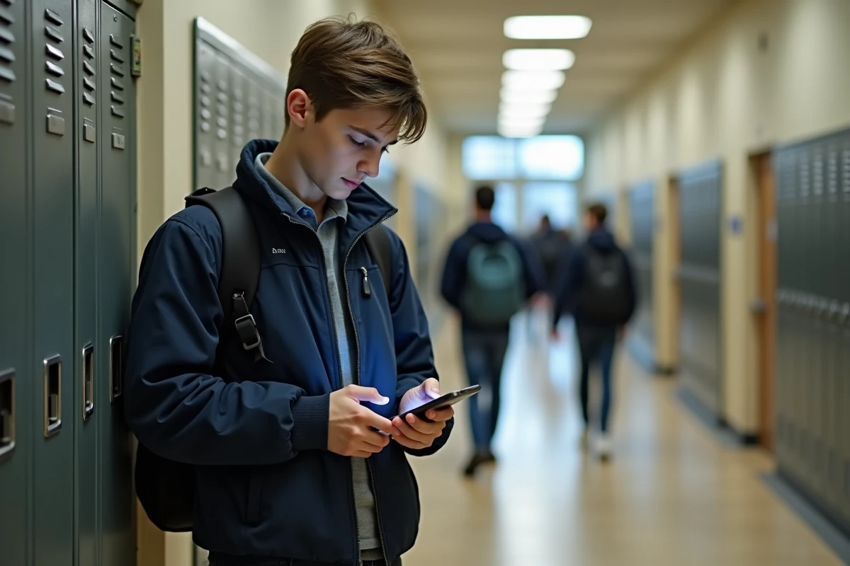 Lycéen consultant son smartphone dans un couloir scolaire pour récupérer l'accès à son compte ENT Sigma