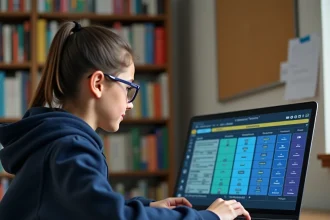 Lycéenne utilisant une plateforme numérique de gestion des devoirs et des notes sur son ordinateur portable dans sa chambre