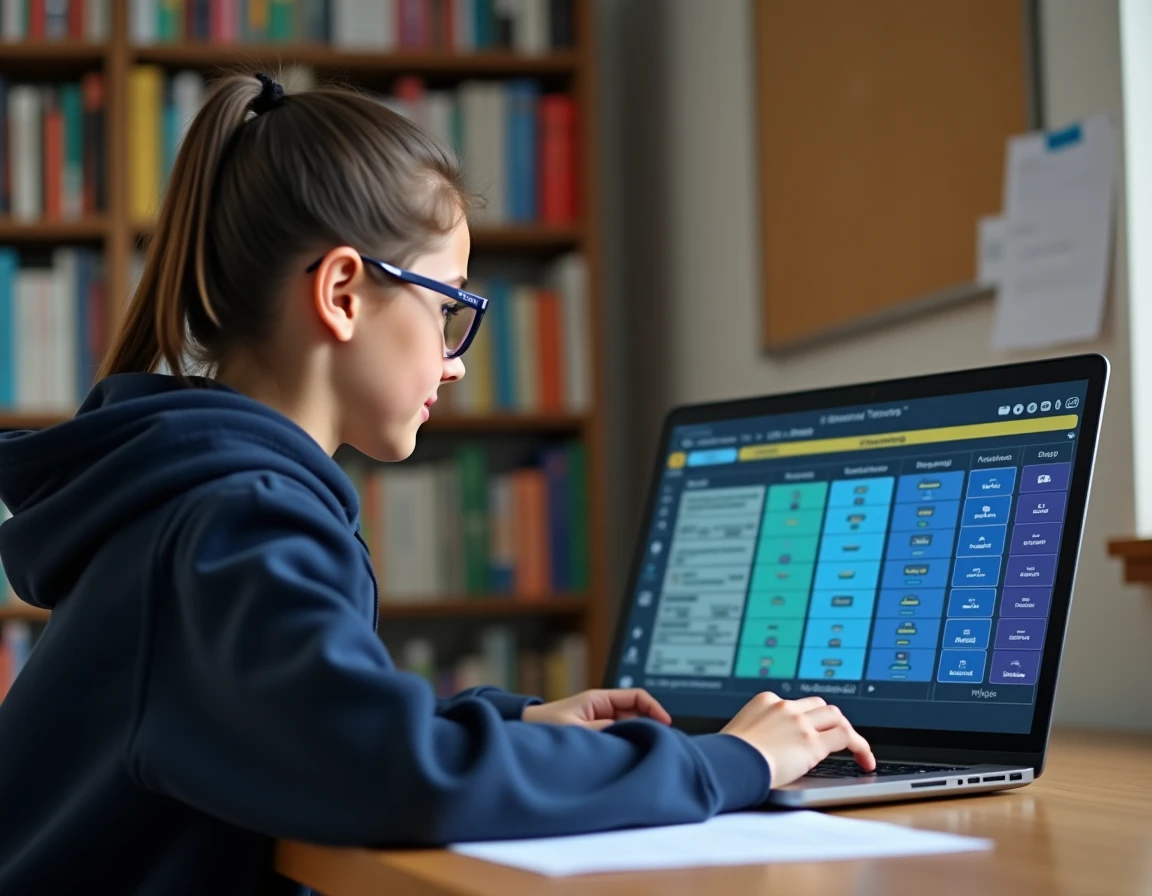 Lycéenne utilisant une plateforme numérique de gestion des devoirs et des notes sur son ordinateur portable dans sa chambre