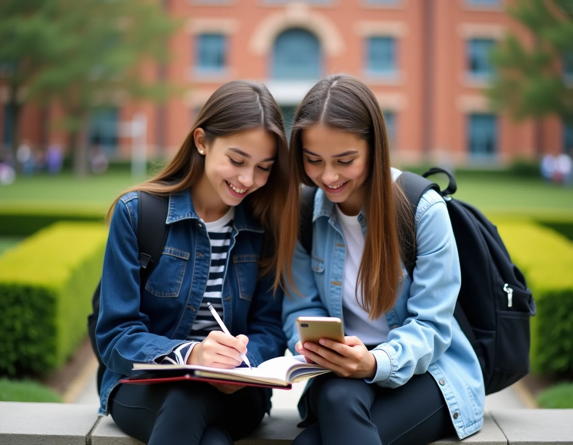 Deux lycéens révisant ensemble leurs notes et devoirs sur smartphone dans la cour du lycée