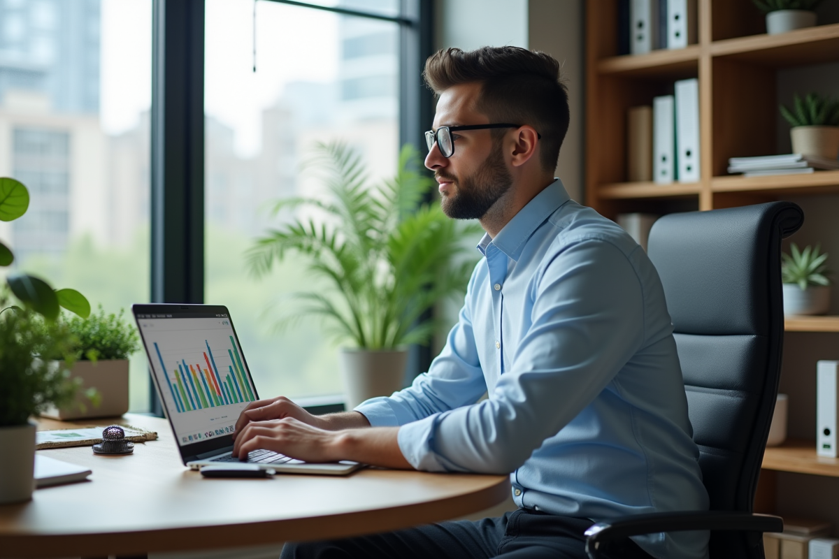 Jeune manager analysant un graphique sur son ordinateur