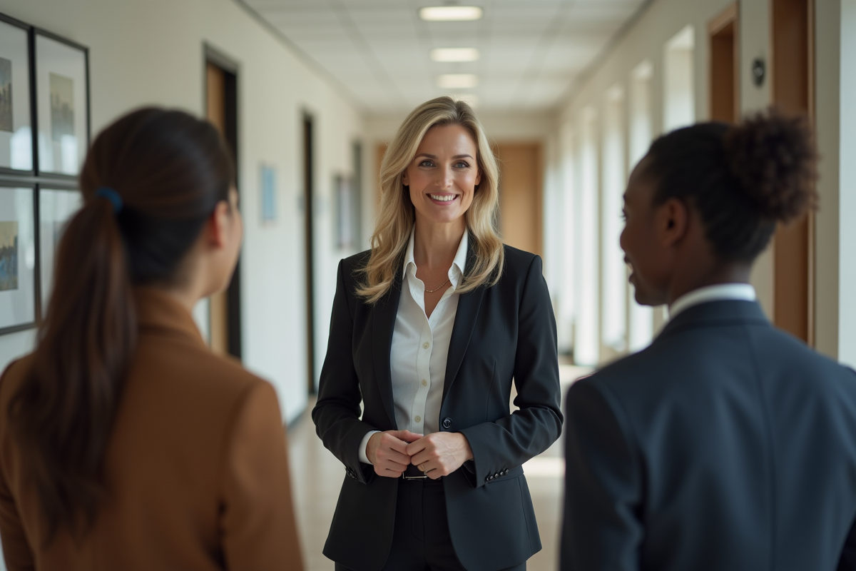 Manager mediant une discussion dans un couloir d