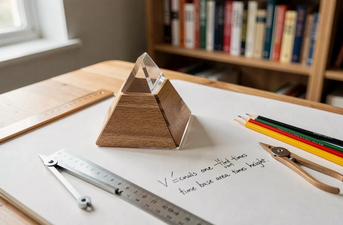 Maquette de pyramide à base triangulaire posée sur un bureau avec un cahier de mathématiques et une formule de volume écrite à la main