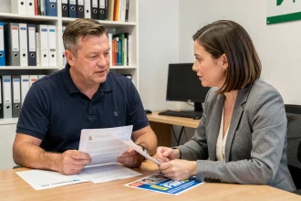 Un chauffeur routier en discussion avec une conseillère de centre de formation pour négocier le prix de sa formation FIMO