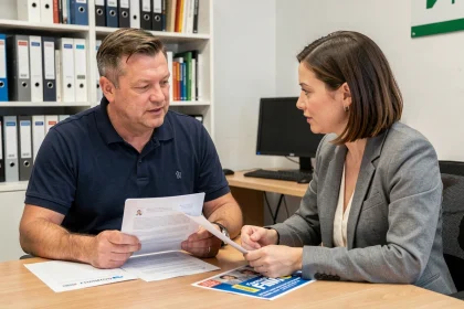 Un chauffeur routier en discussion avec une conseillère de centre de formation pour négocier le prix de sa formation FIMO
