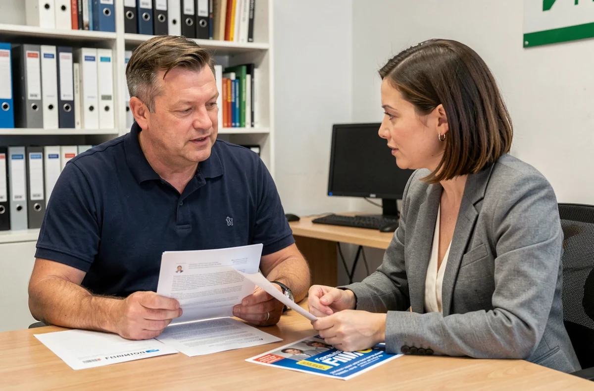 Un chauffeur routier en discussion avec une conseillère de centre de formation pour négocier le prix de sa formation FIMO