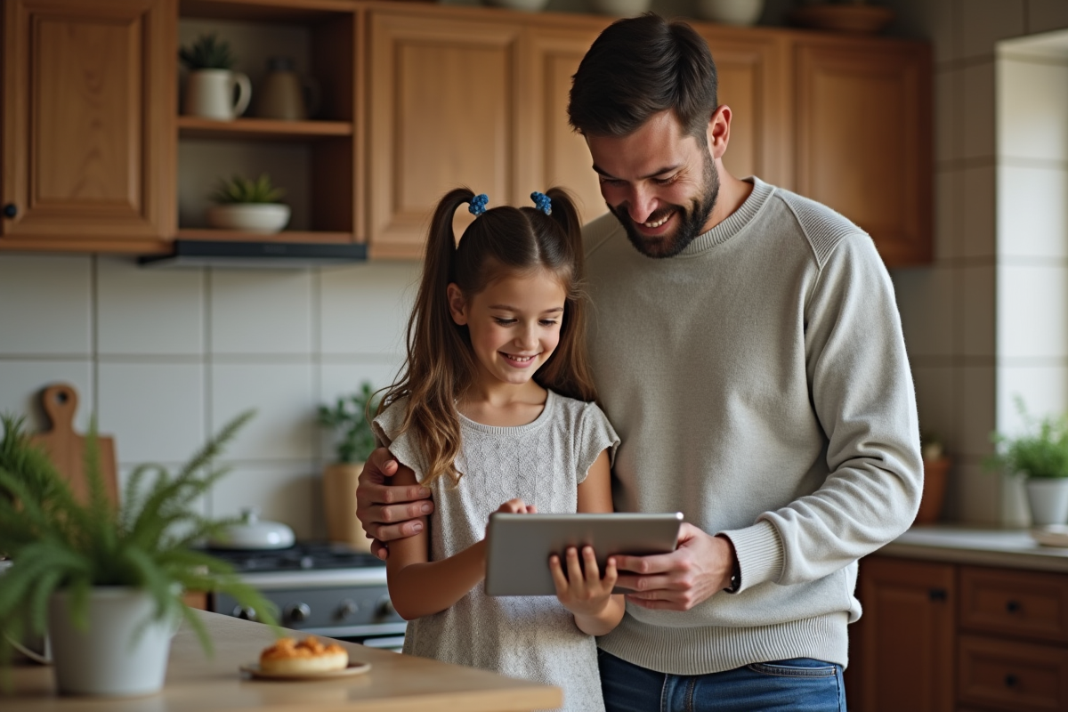 Père montrant la tablette à sa fille dans la cuisine chaleureuse