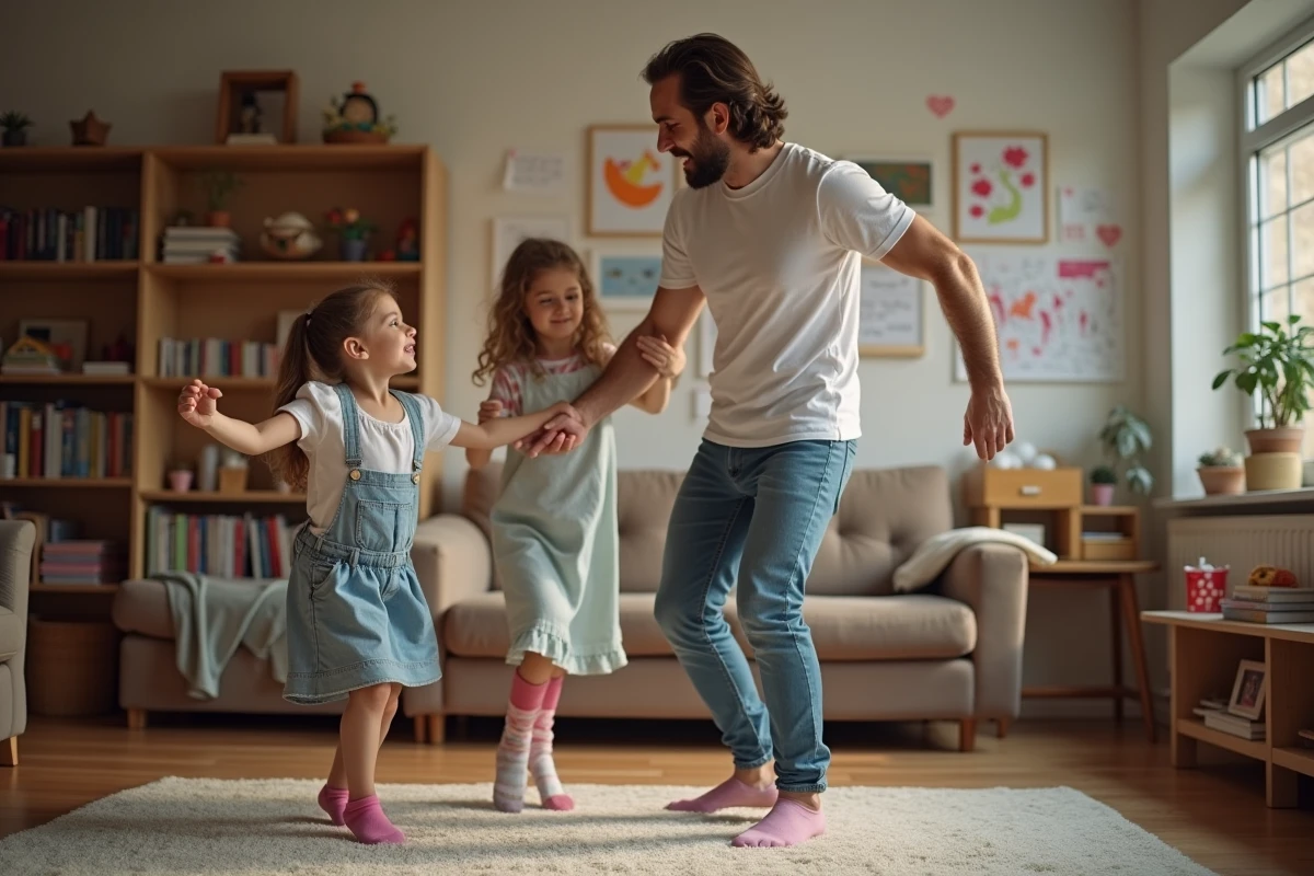 P&egrave;re et filles dansant le sirtaki dans le salon