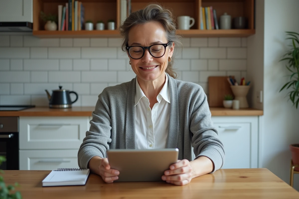 Parent consultant le portail scolaire OZE 92 sur une tablette depuis la cuisine