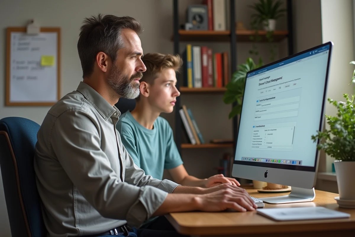 Un père accompagne son adolescent dans la prise en main du logiciel Ypareo depuis un bureau à domicile