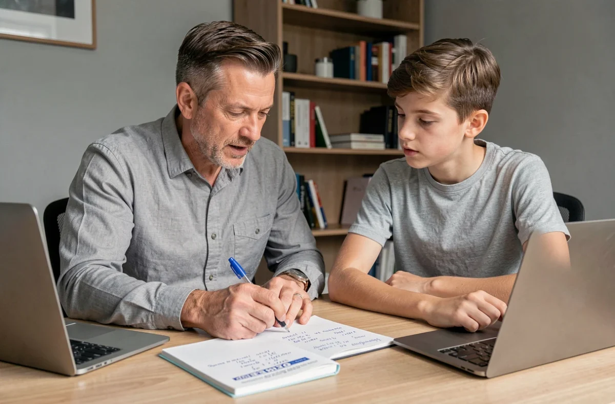 Père expliquant le calcul de moyennes pondérées à son fils adolescent devant un bulletin scolaire