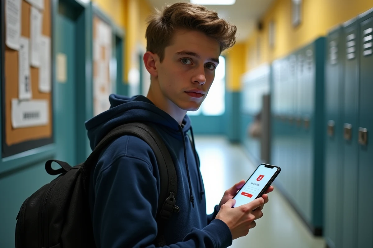 Lycéen accédant pour la première fois au portail ArenA ac Amiens sur smartphone dans un couloir scolaire
