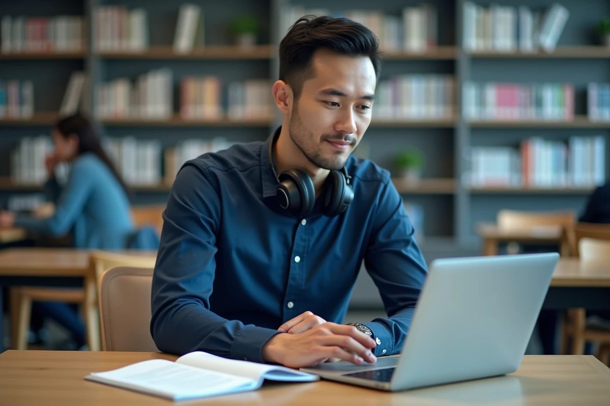 Homme qui prépare le TOEIC sur ordinateur portable dans une bibliothèque moderne avec des notes manuscrites et un casque audio