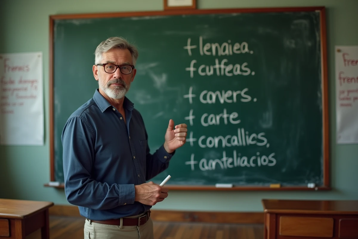 Professeur devant un tableau noir avec des conjugaisons des temps de l'indicatif écrites à la craie dans une salle de classe